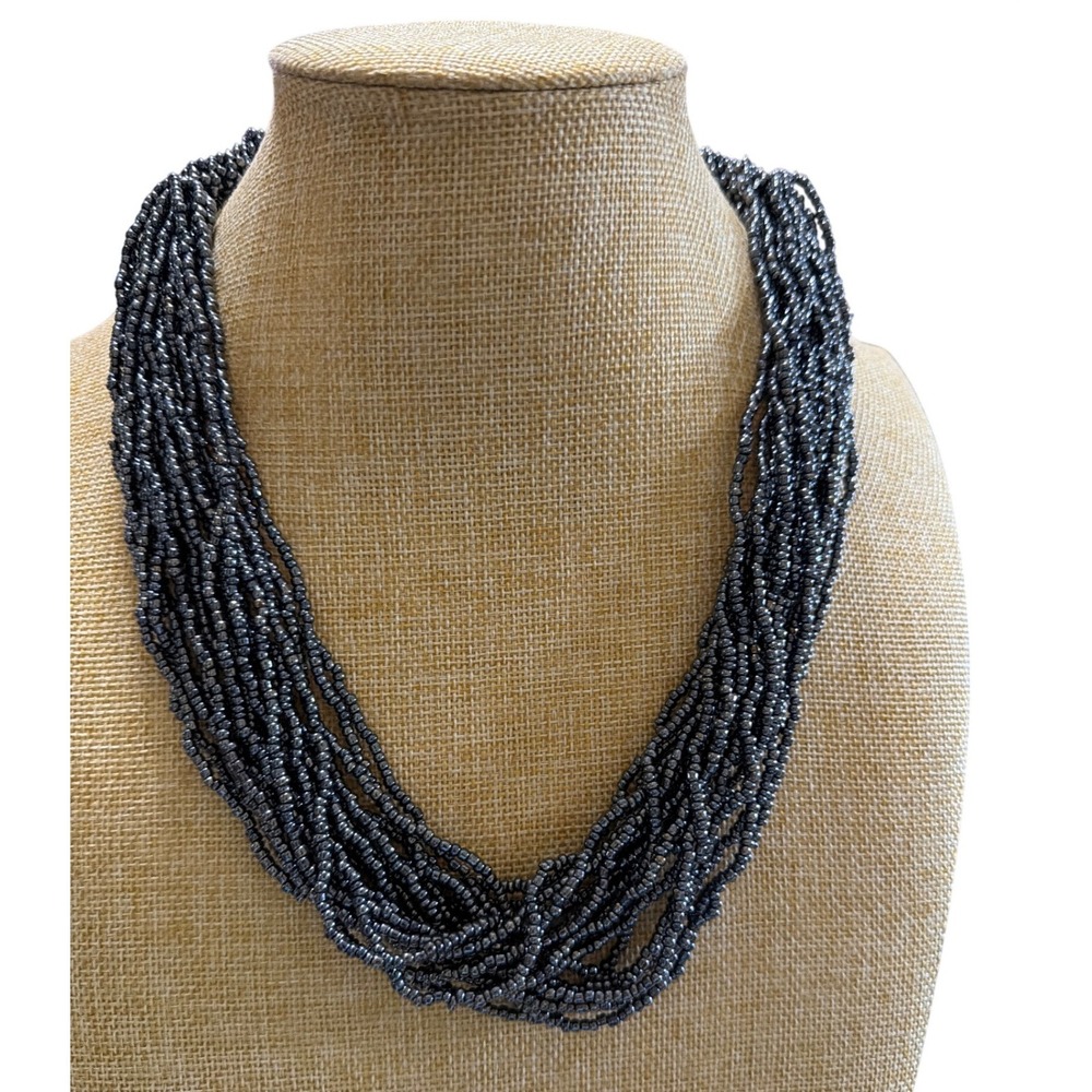 Gunmetal Grey Multi Strand Seed‎ Bead Statement Necklace Metallic Layered